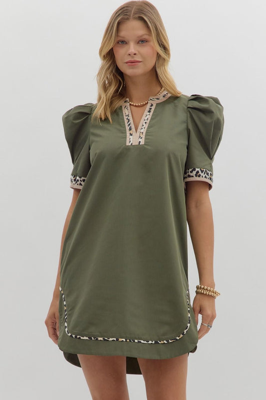 Puff Sleeve Animal Trim Dress