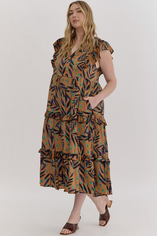 Printed V Neck Midi Dress