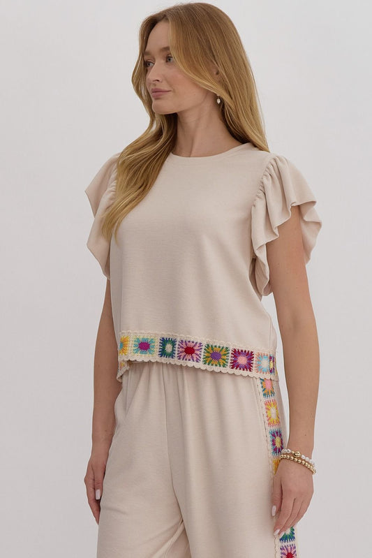 Flutter Sleeve Top with Embroidered Hem