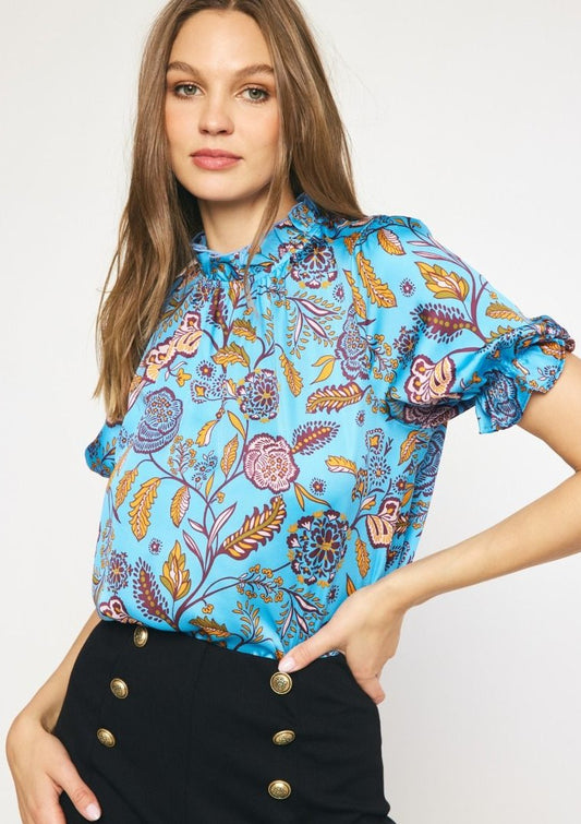 Floral Blouse with Ruffled Neck