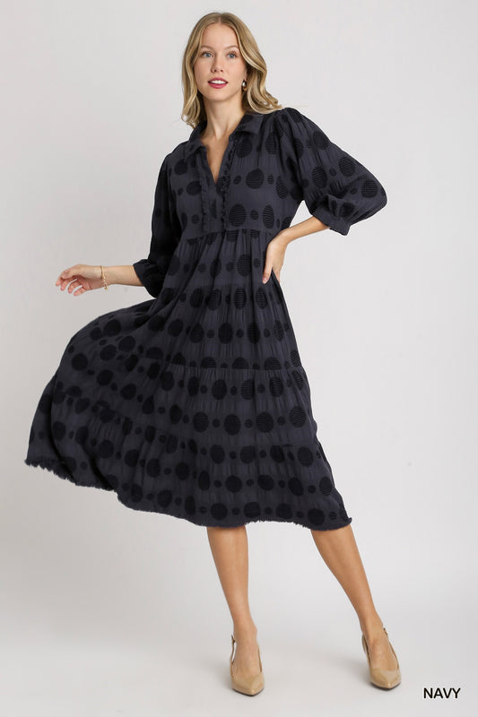 Solid Dotted Jacquard Midi Dress