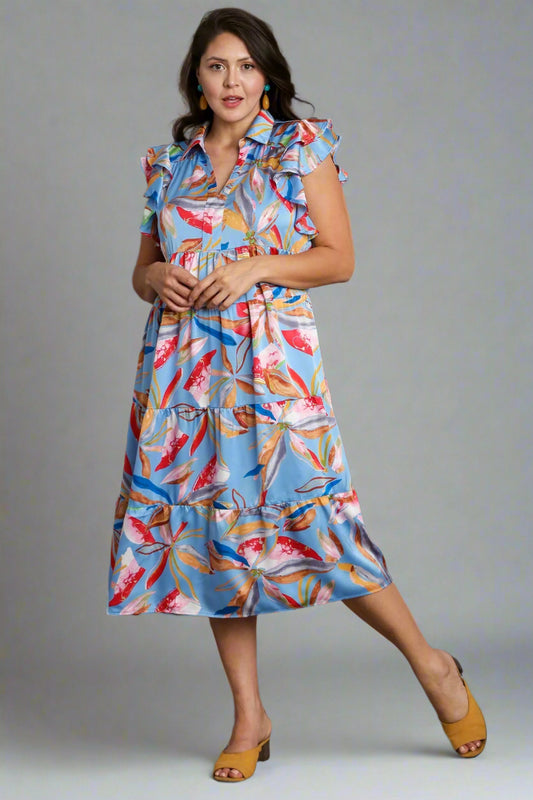 Leaf Print Tiered Dress