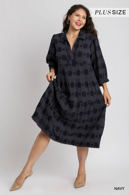 Solid Dotted Jacquard Midi Dress