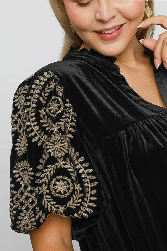 Velvet Embroidered Sleeve Top