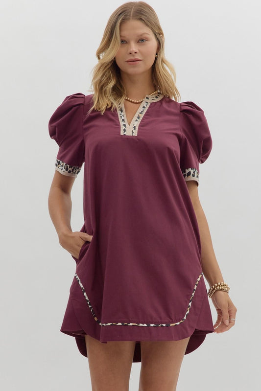 Puff Sleeve Animal Trim Dress