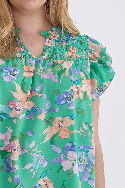 Floral V Neck Ruffle Sleeve Top