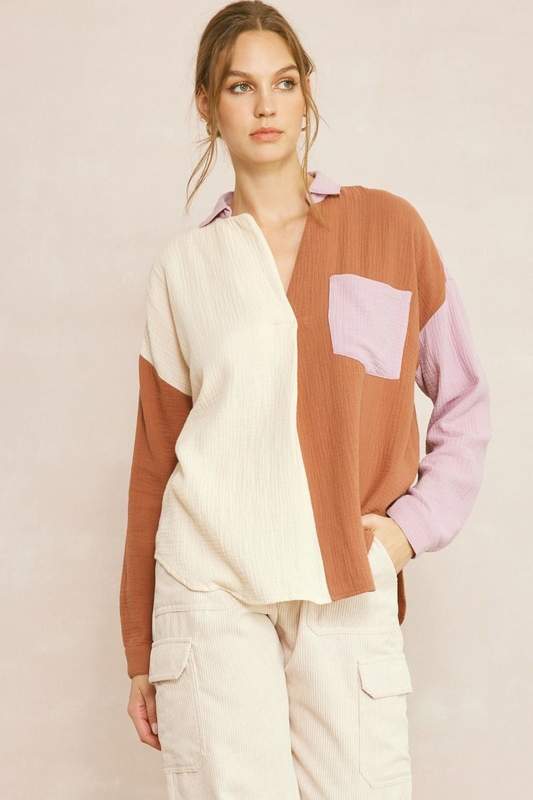 Textured Color Block Button Up