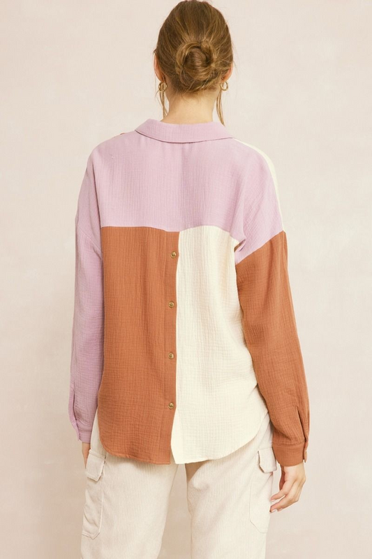 Textured Color Block Button Up