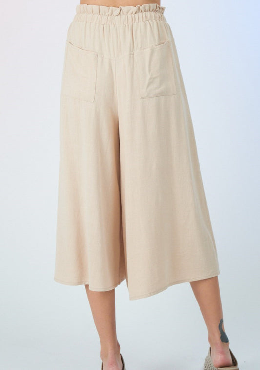 Solid Linen Cropped Wide Leg Pants